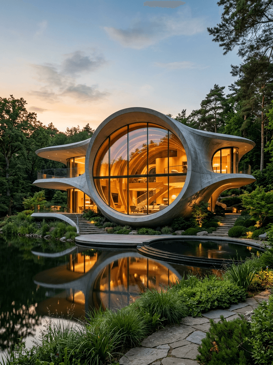 Futuristic round house with glass facade, reflecting on a serene pond.