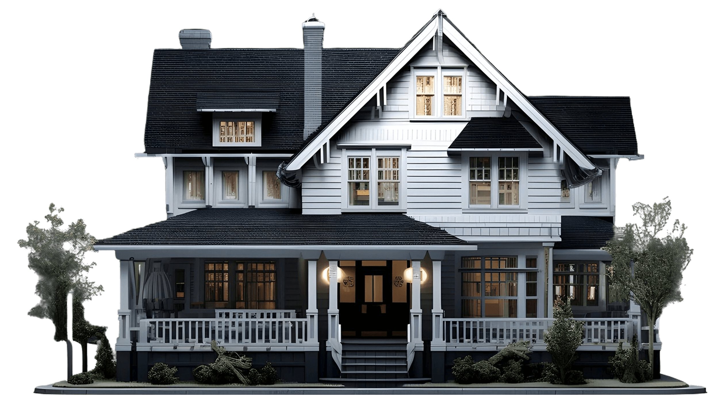 Two-story white house with a porch and dark roof against a black background.