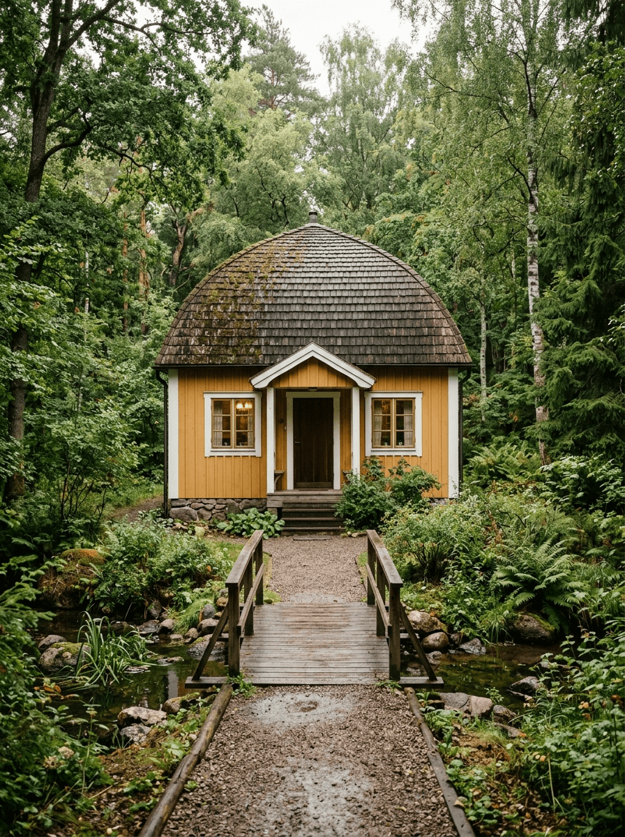 Yellow cottage in lush forest, with a wooden bridge and pathway leading to it.