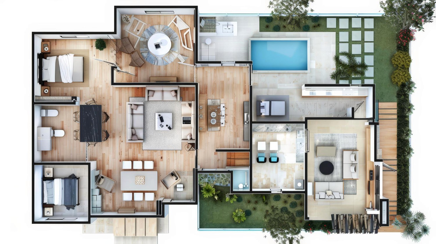 Modern apartment floor plan with pool, patio, and garden.