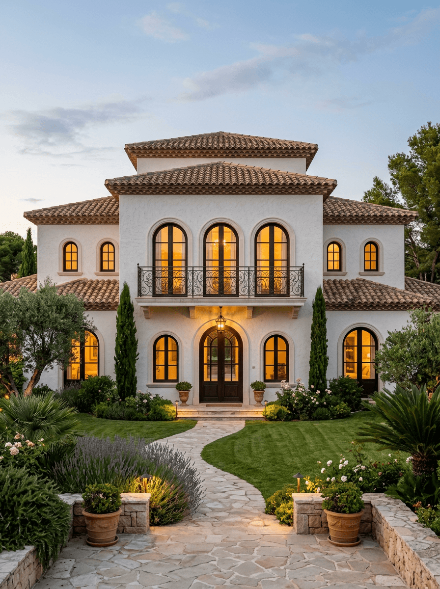 Elegant villa with arched windows, stone path, and lush garden at dusk.