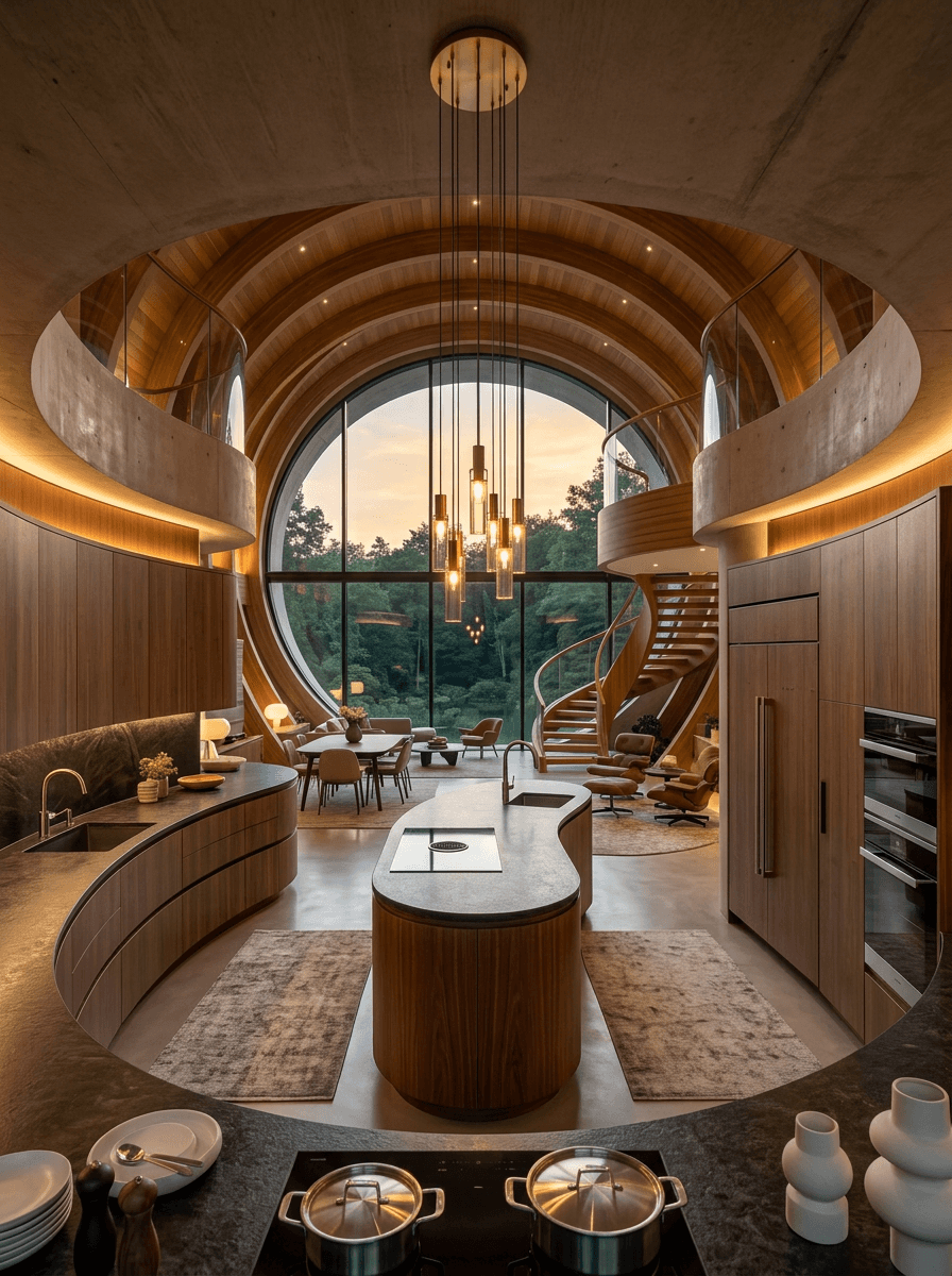 Modern curved kitchen with large circular window