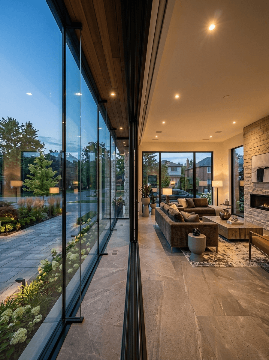 Modern living room with floor-to-ceiling windows.