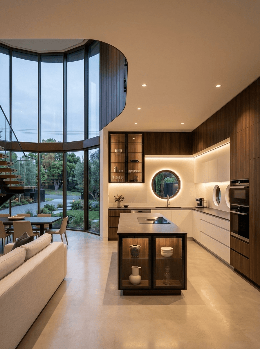 Modern kitchen with curved windows and island