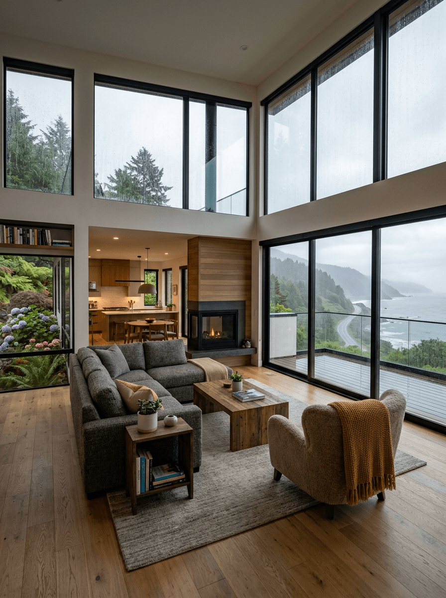 Bedroom with panoramic windows and ocean view