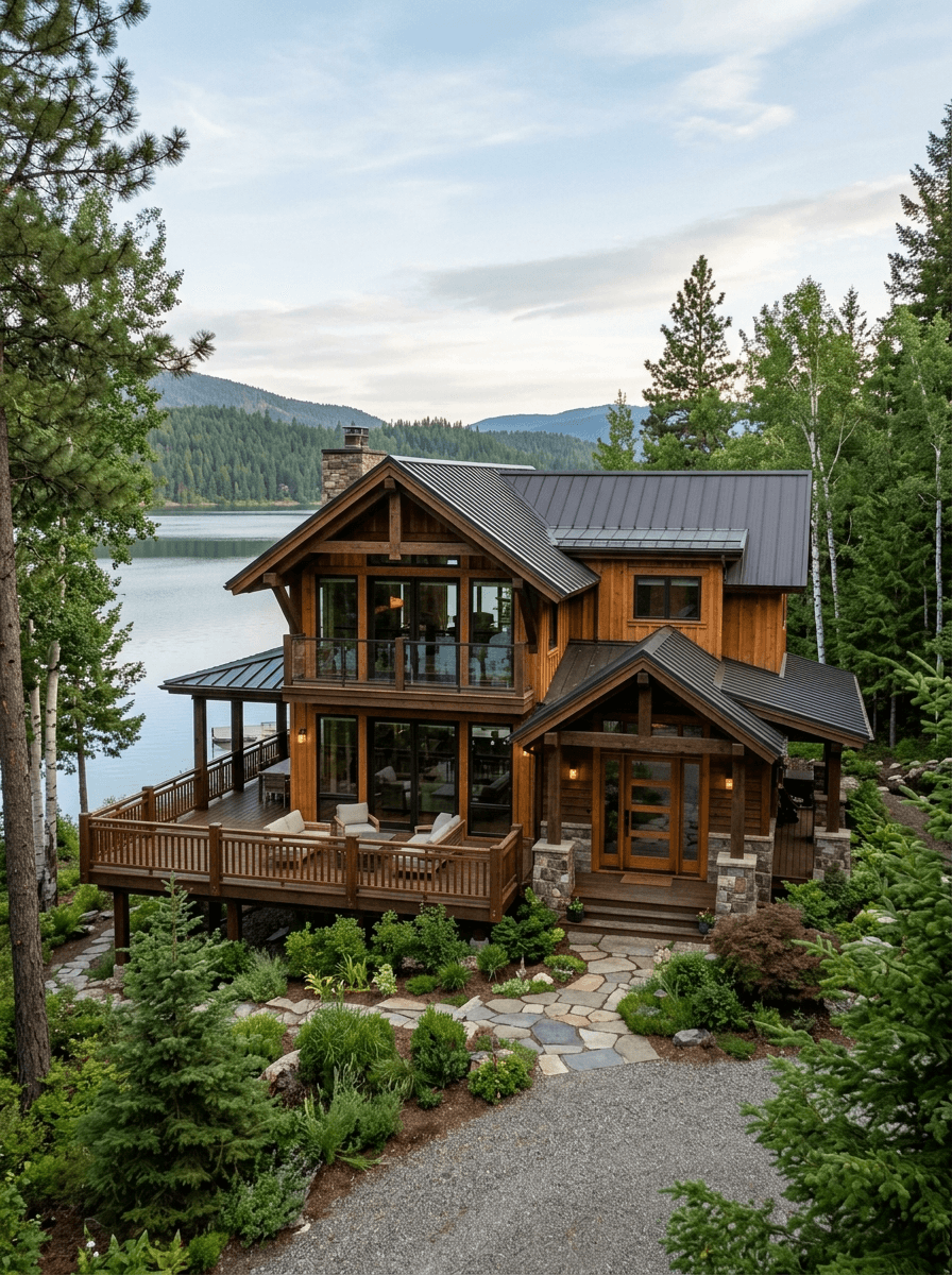 Wooden lakeside house with large windows, surrounded by trees and greenery.