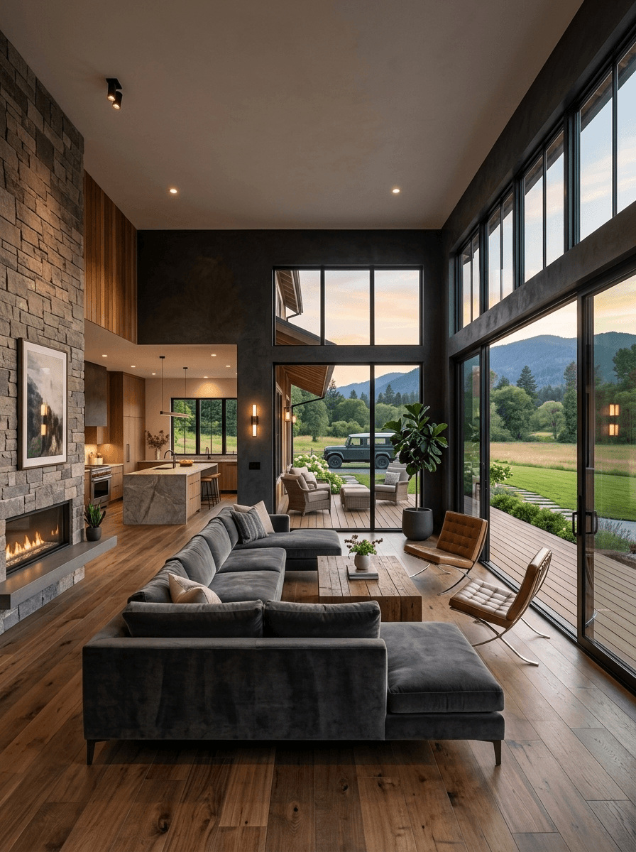 Modern living room with large windows, stone accents, and wooden floors, featuring a cozy seating area and dining space.