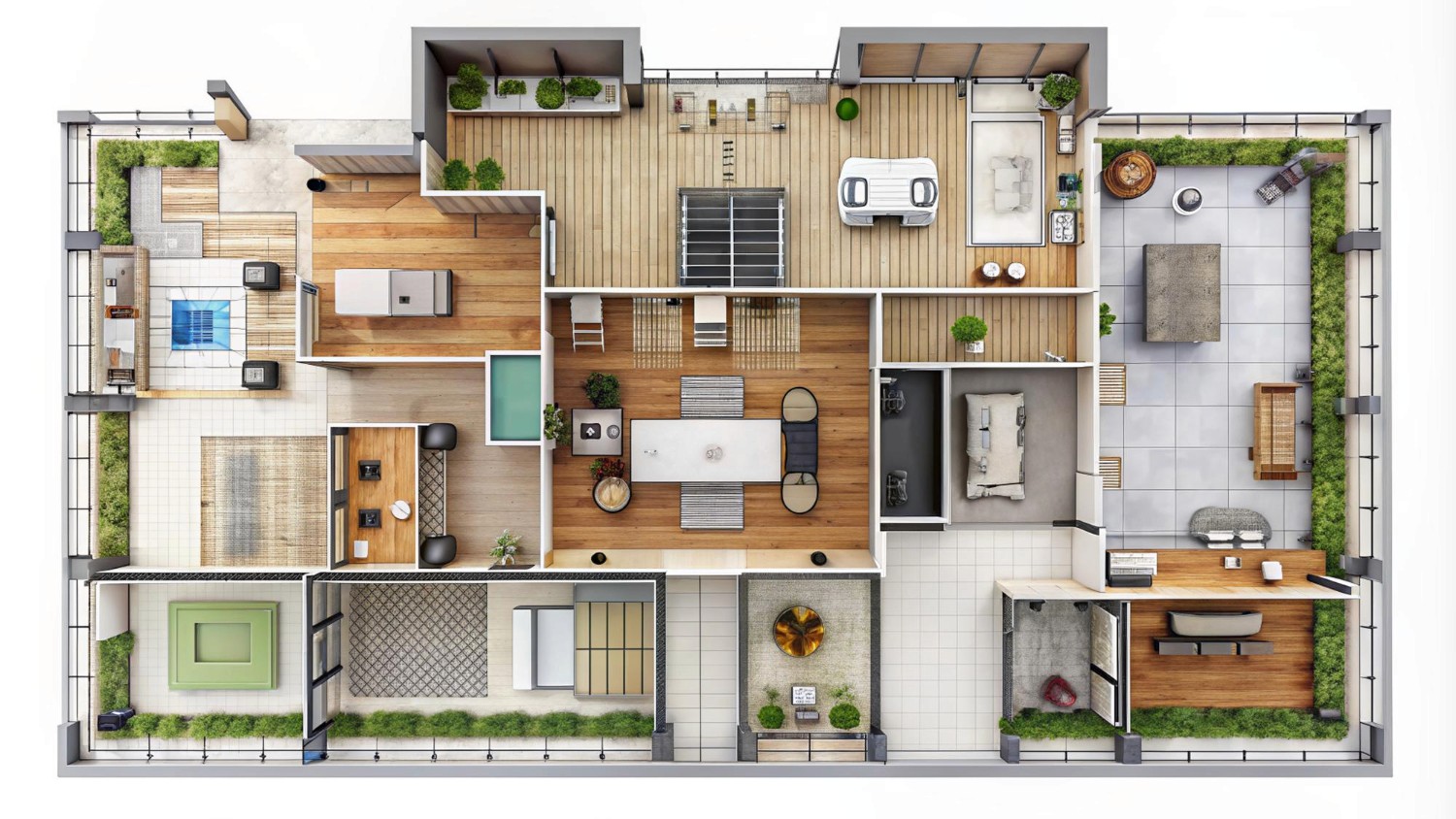 Floor plan of a modern apartment featuring multiple rooms, including a living area, kitchen, and bedrooms.