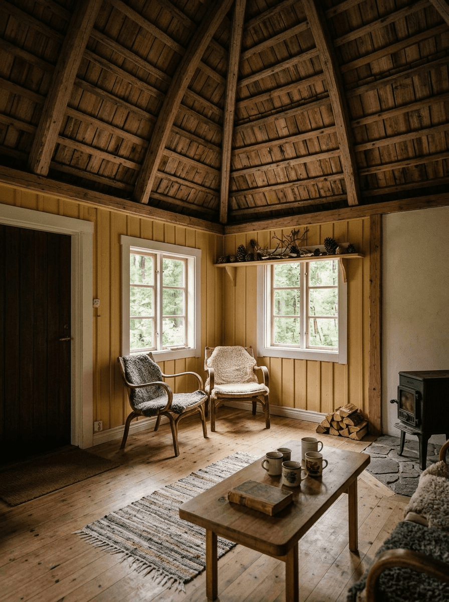 Interior with wood ceiling and walls, chairs and coffee table