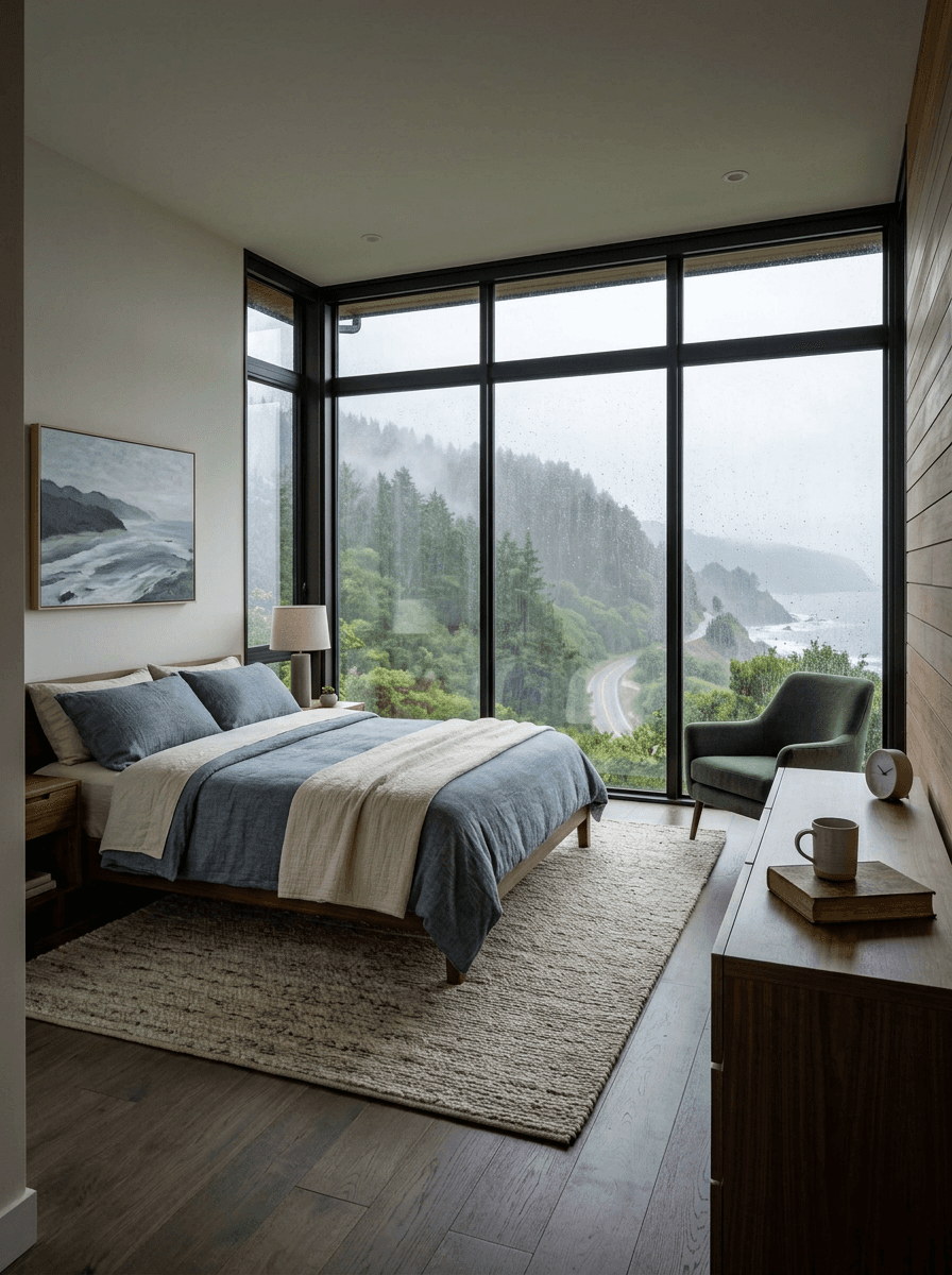 Bedroom with panoramic windows and ocean view