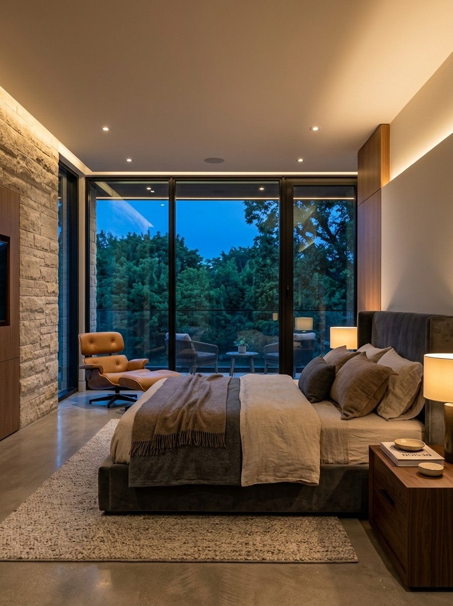 Modern bedroom with large windows overlooking trees at dusk.