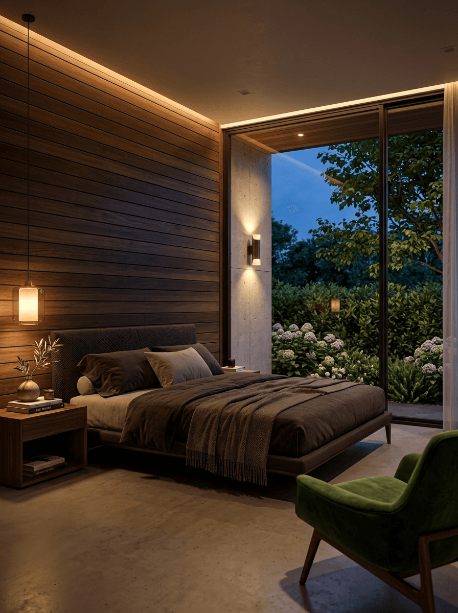 Cozy bedroom with wooden walls, warm lighting, and a view of greenery through large windows at dusk.
