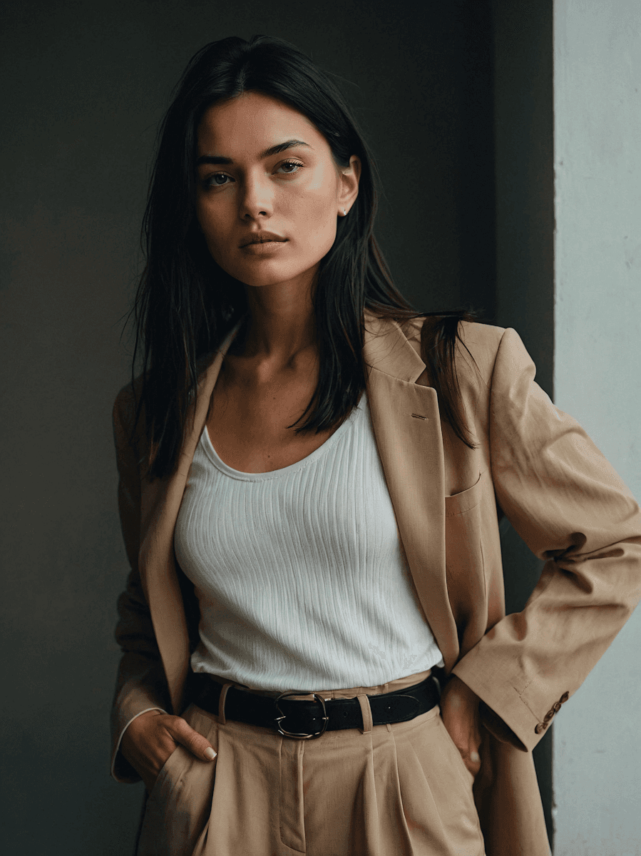 Woman in tan blazer and white top, standing confidently with hands in pockets.