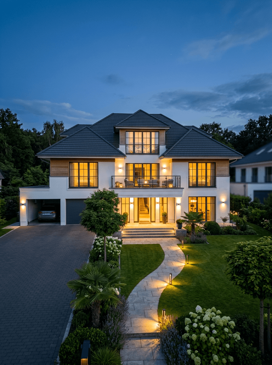 Modern house at dusk with lit pathway and manicured garden.