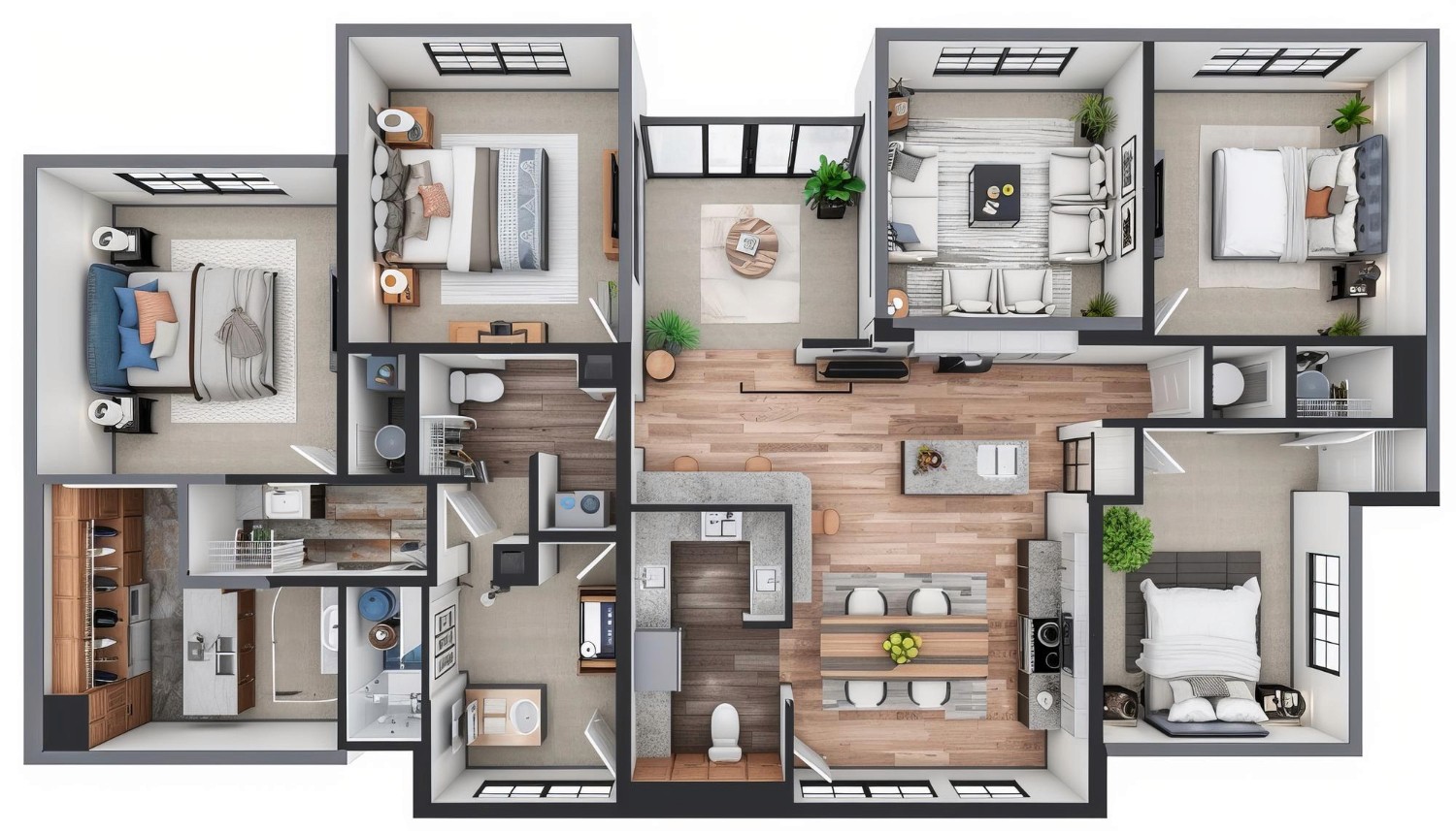 3D apartment floor plan with three bedrooms, kitchen, and living area.