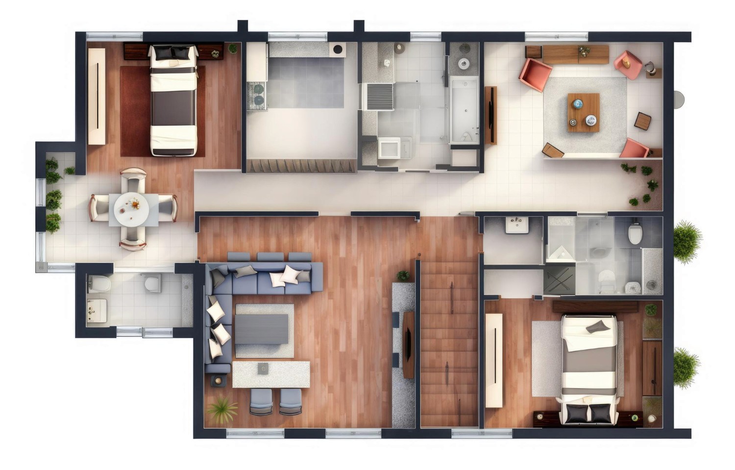 Spacious apartment floor plan with two bedrooms and modern living areas.