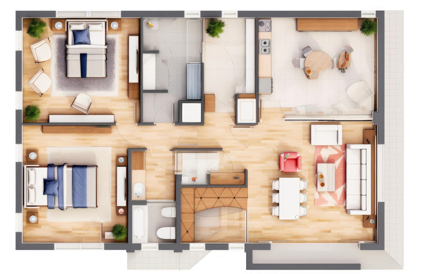 Floor plan of a two-bedroom apartment, featuring a living room, kitchen, and dining area with furniture layout.