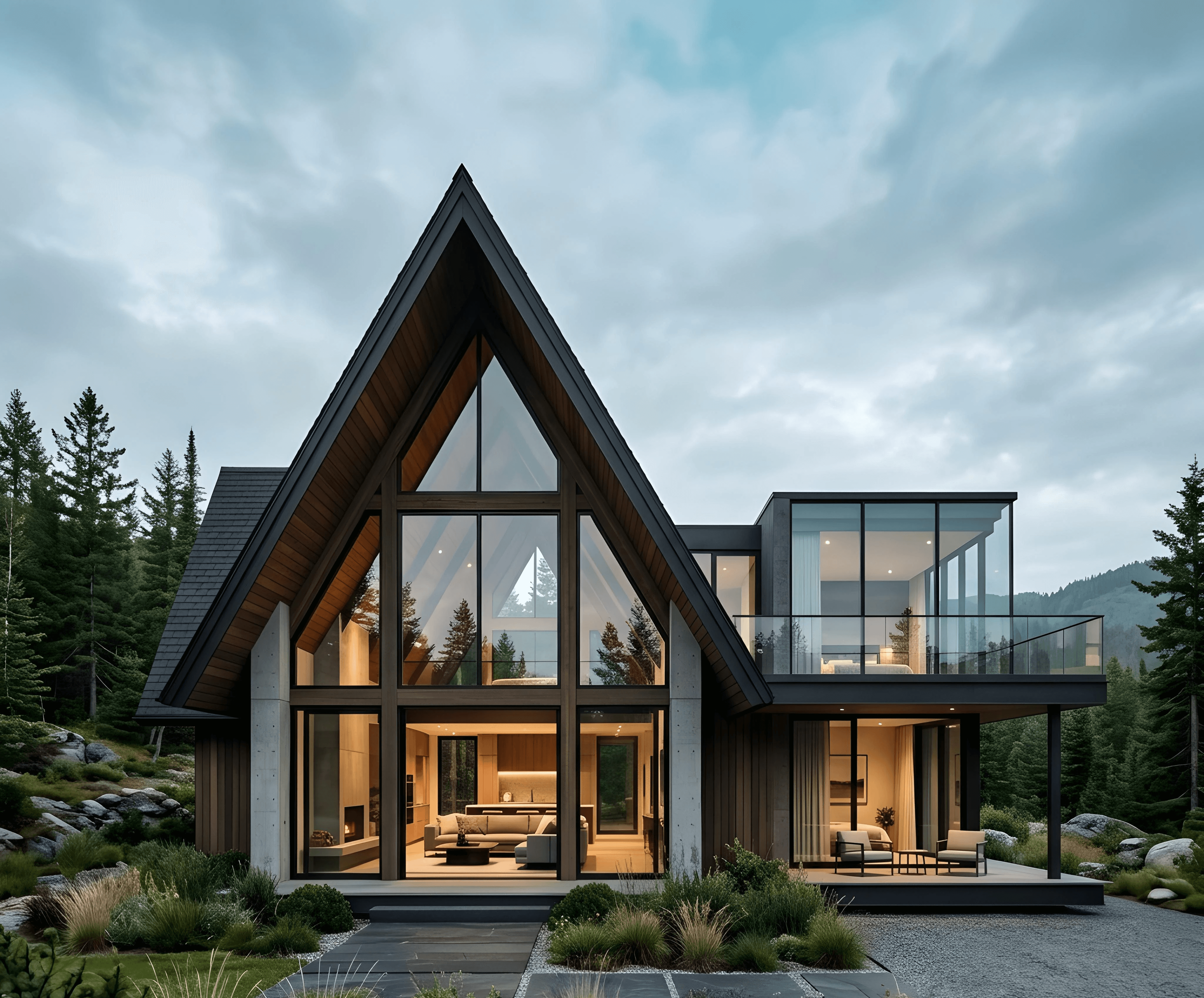 Modern A-frame house with large windows and forest surroundings.