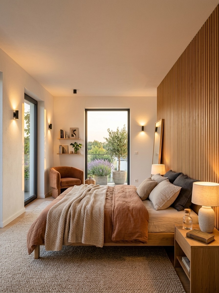 Master bedroom with large window, balcony, and wooden accent wall.