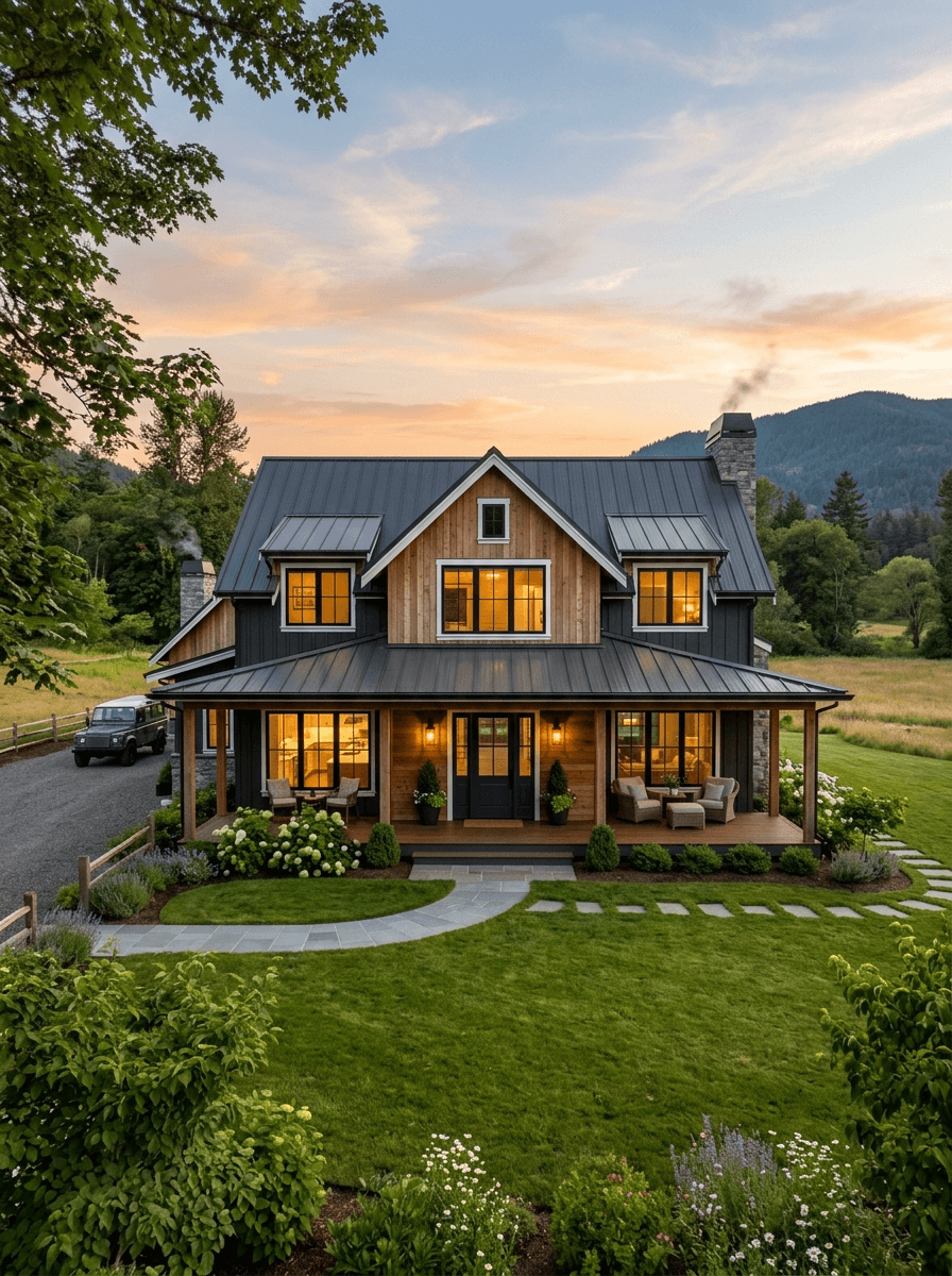 Charming country house with glowing windows and lush garden at sunset.