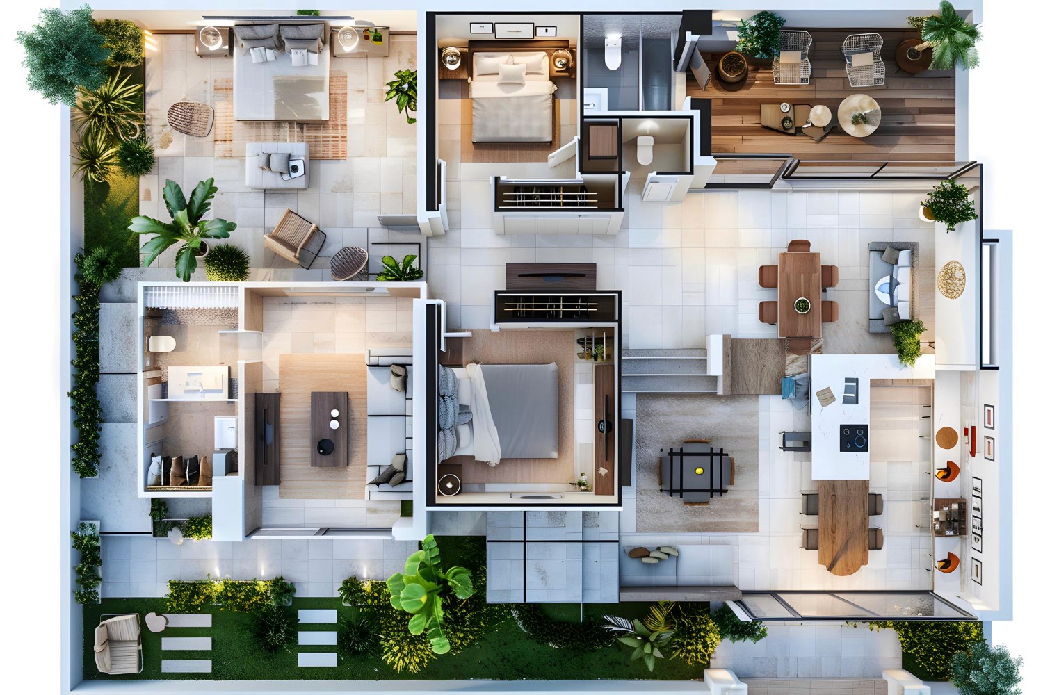 Aerial view of a modern house layout, featuring rooms, furniture, and outdoor spaces in a landscaped environment.