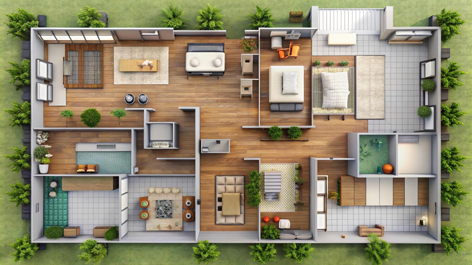 Floor plan of a house featuring multiple rooms, open living areas, and surrounding greenery.
