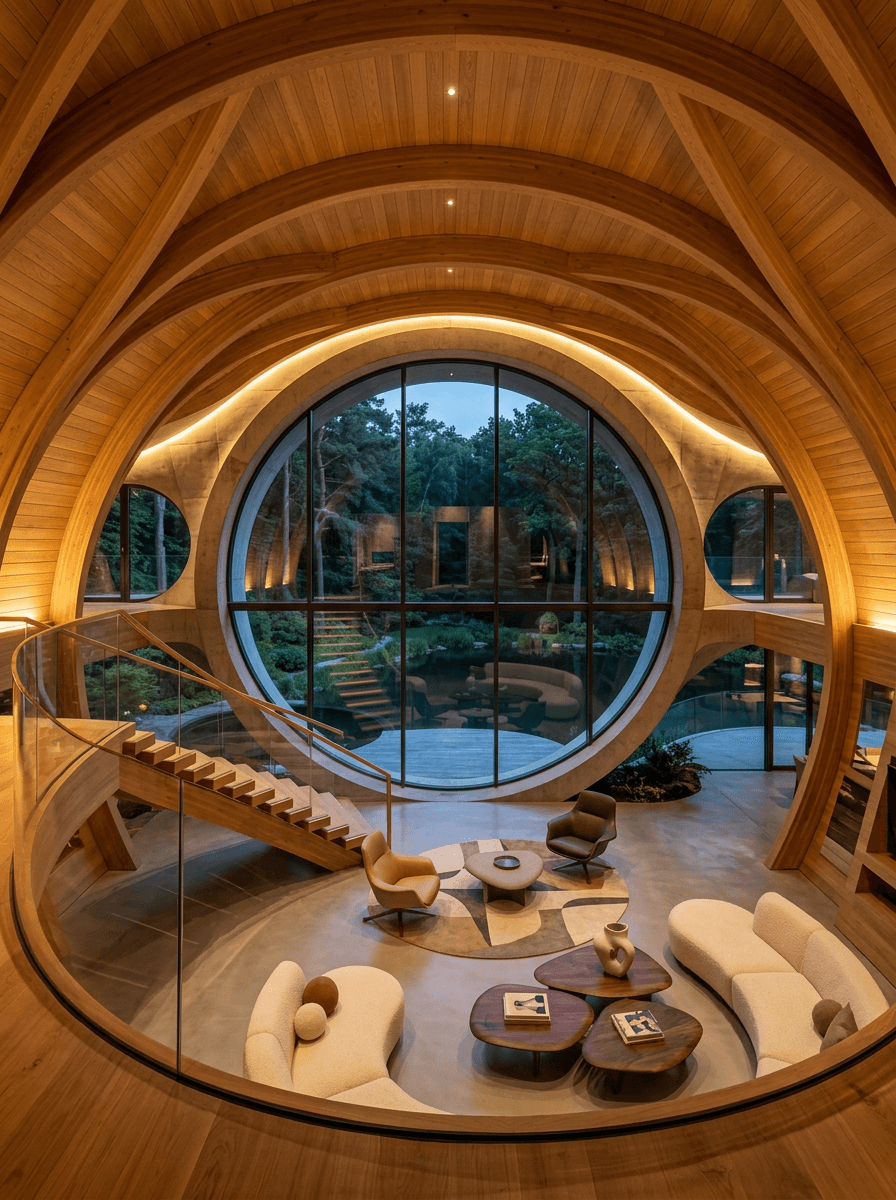 Modern curved interior with large circular window