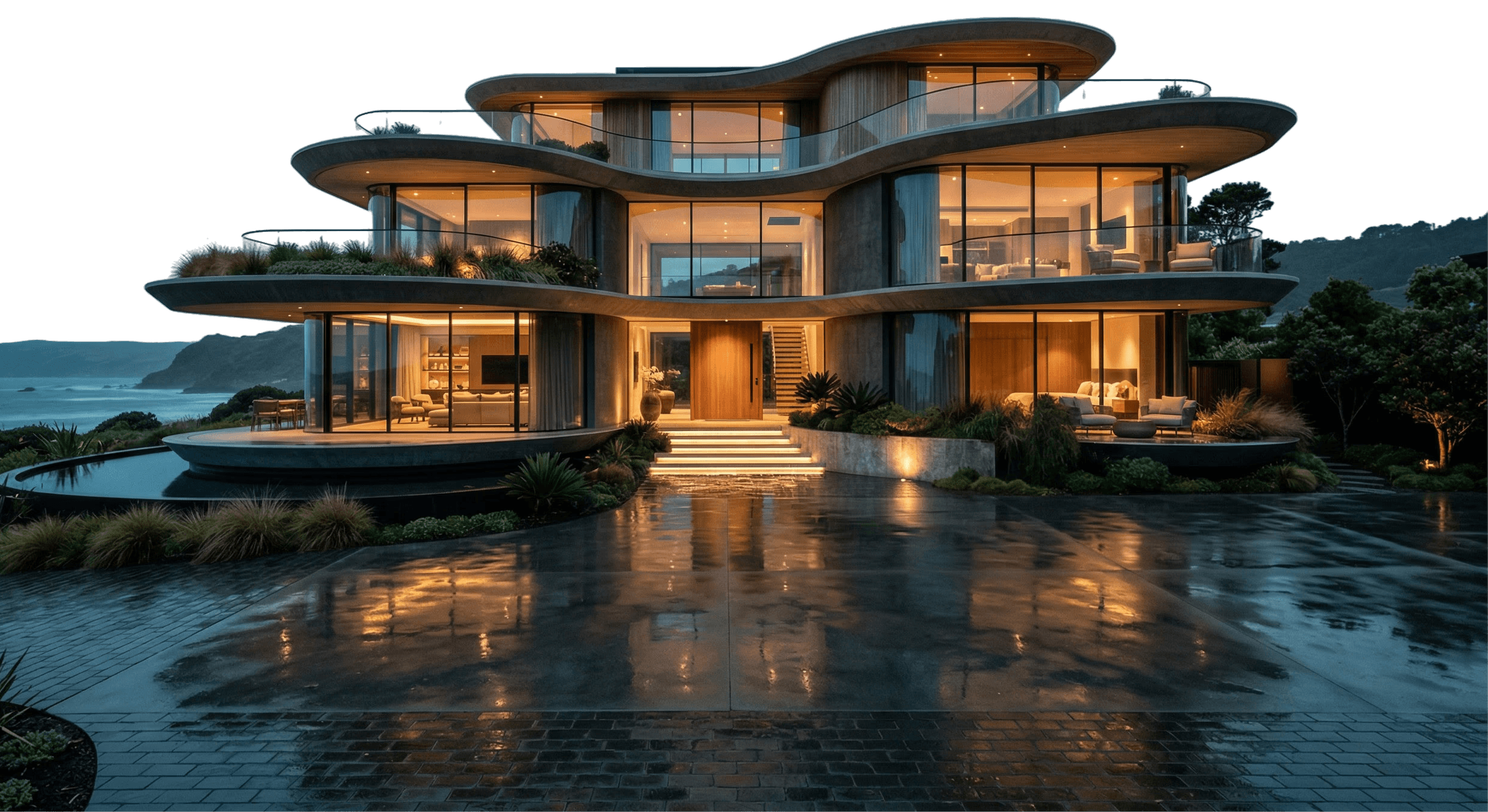 Modern, glass-walled house at night, reflecting on a wet driveway.