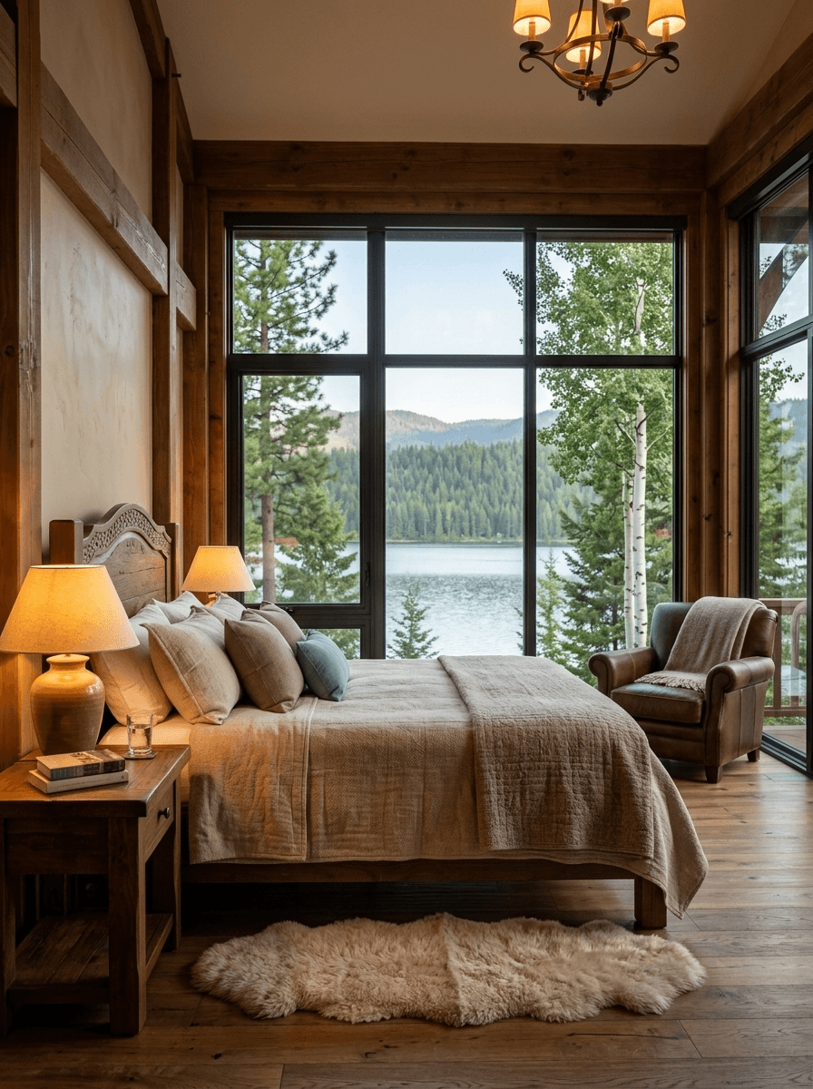 Cozy bedroom with a large window overlooking a serene lake, featuring a bed, lamps, and a plush chair.