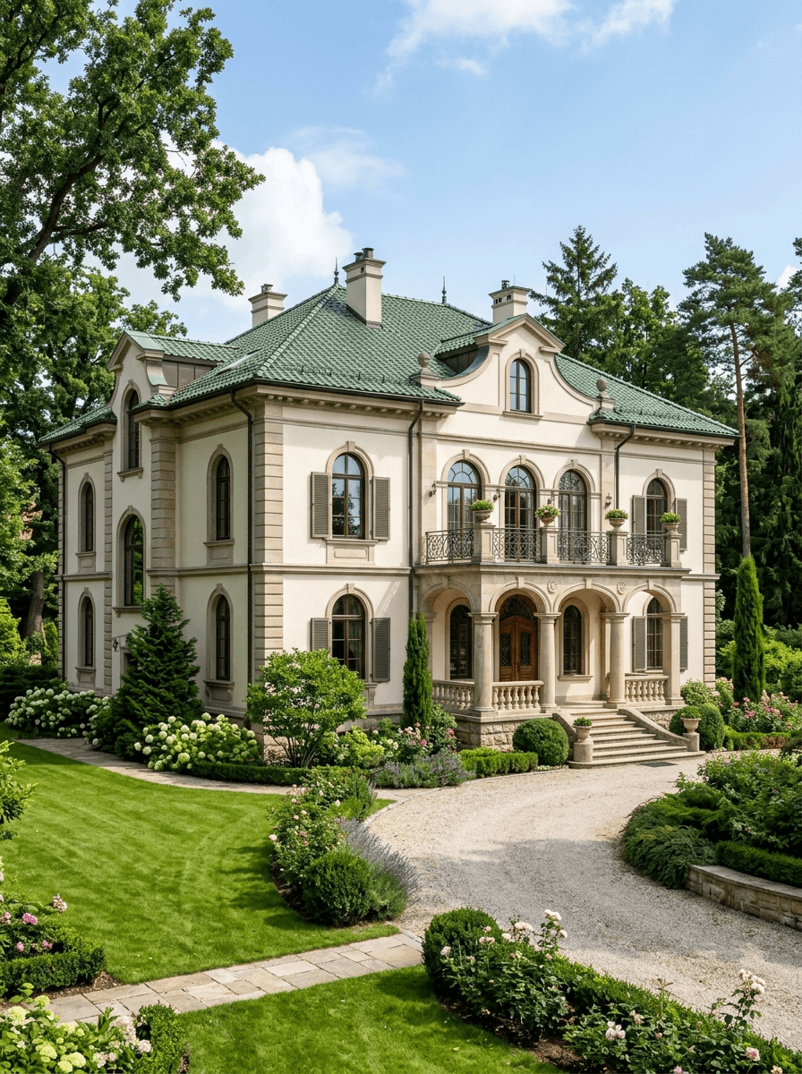 Elegant villa with green roof, surrounded by lush garden and trees.