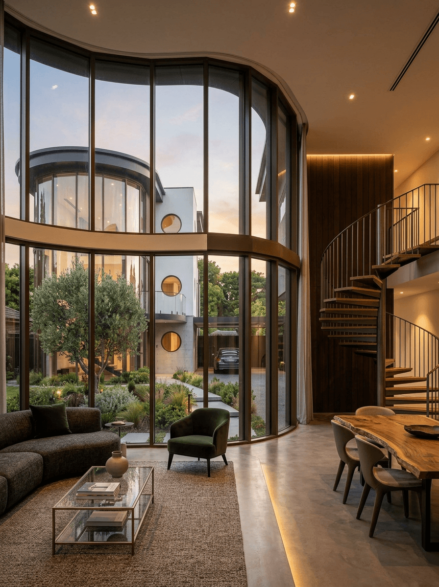Modern living room with curved windows and spiral staircase.