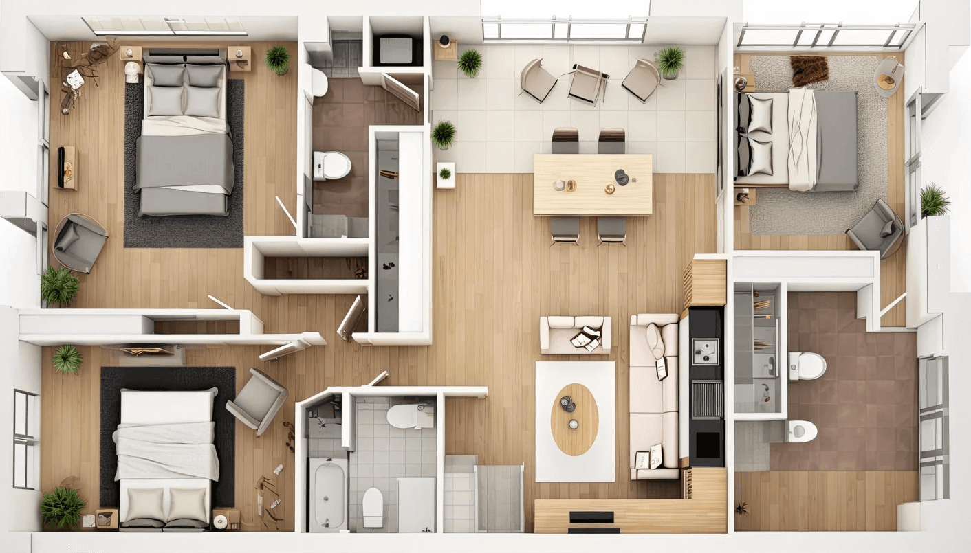 Modern two-bedroom apartment floor plan with open living and dining area.