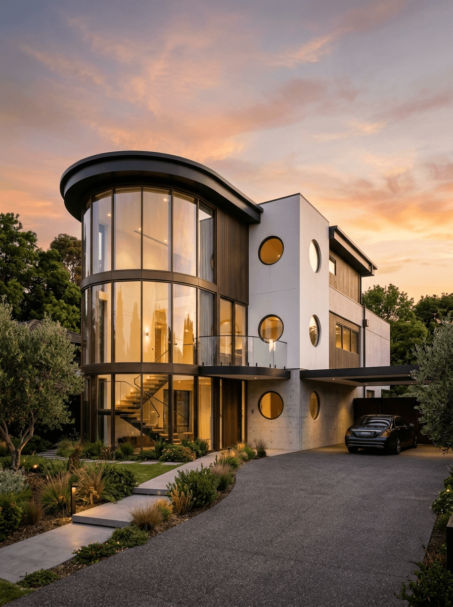 Modern glass-fronted house at sunset with a car in the driveway.