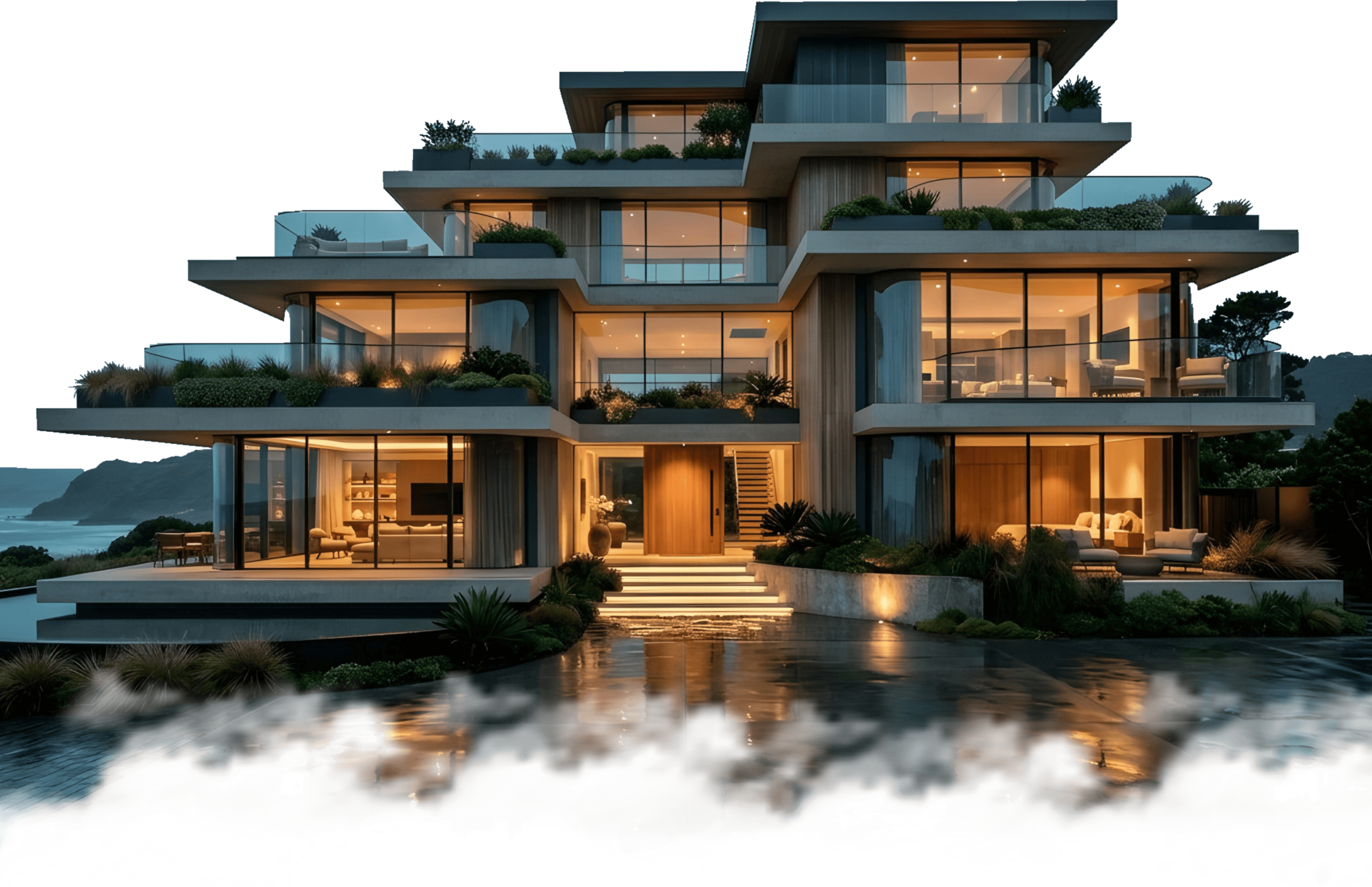 Modern multi-level home with large glass windows and layered terraces at dusk.