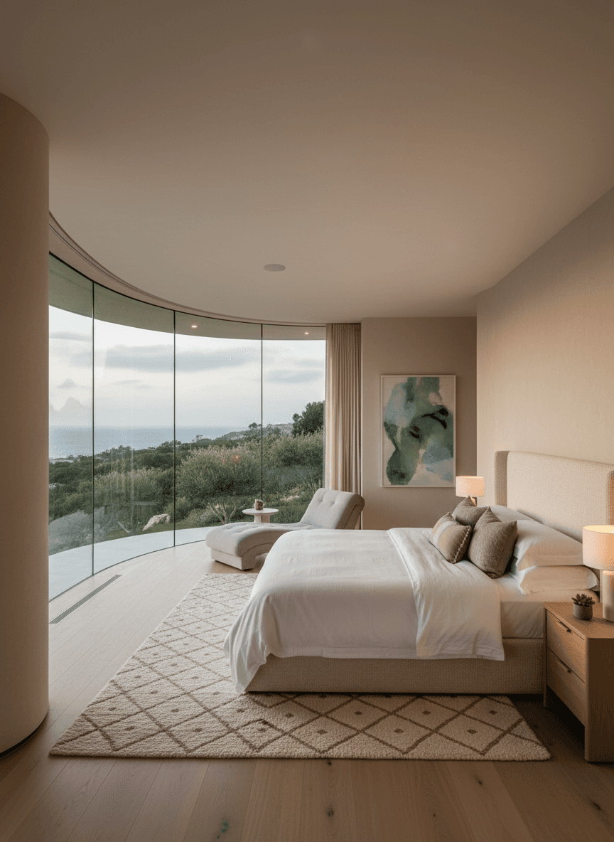 Bedroom with panoramic windows and ocean view