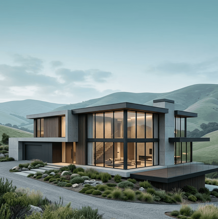 Modern glass house with hillside view and landscaped garden.