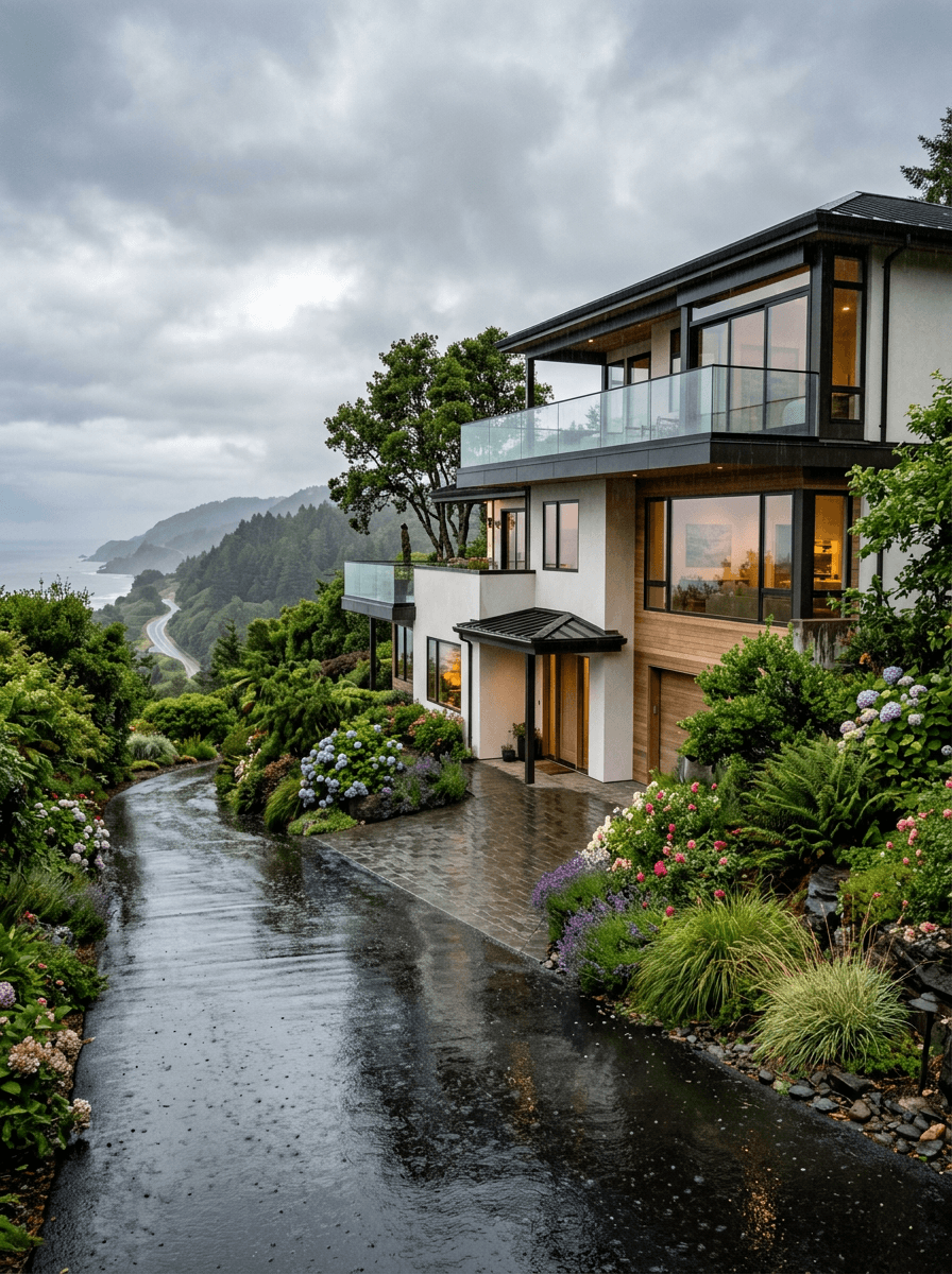 Modern house with ocean views and lush gardens on a rainy day.