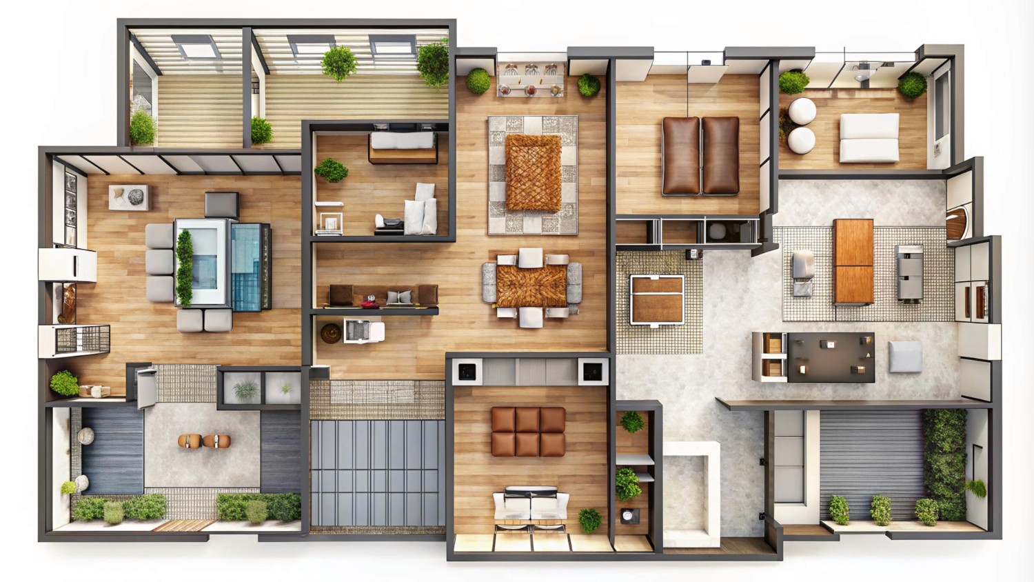 Detailed floor plan of a spacious modern apartment, showing multiple rooms and open living areas.