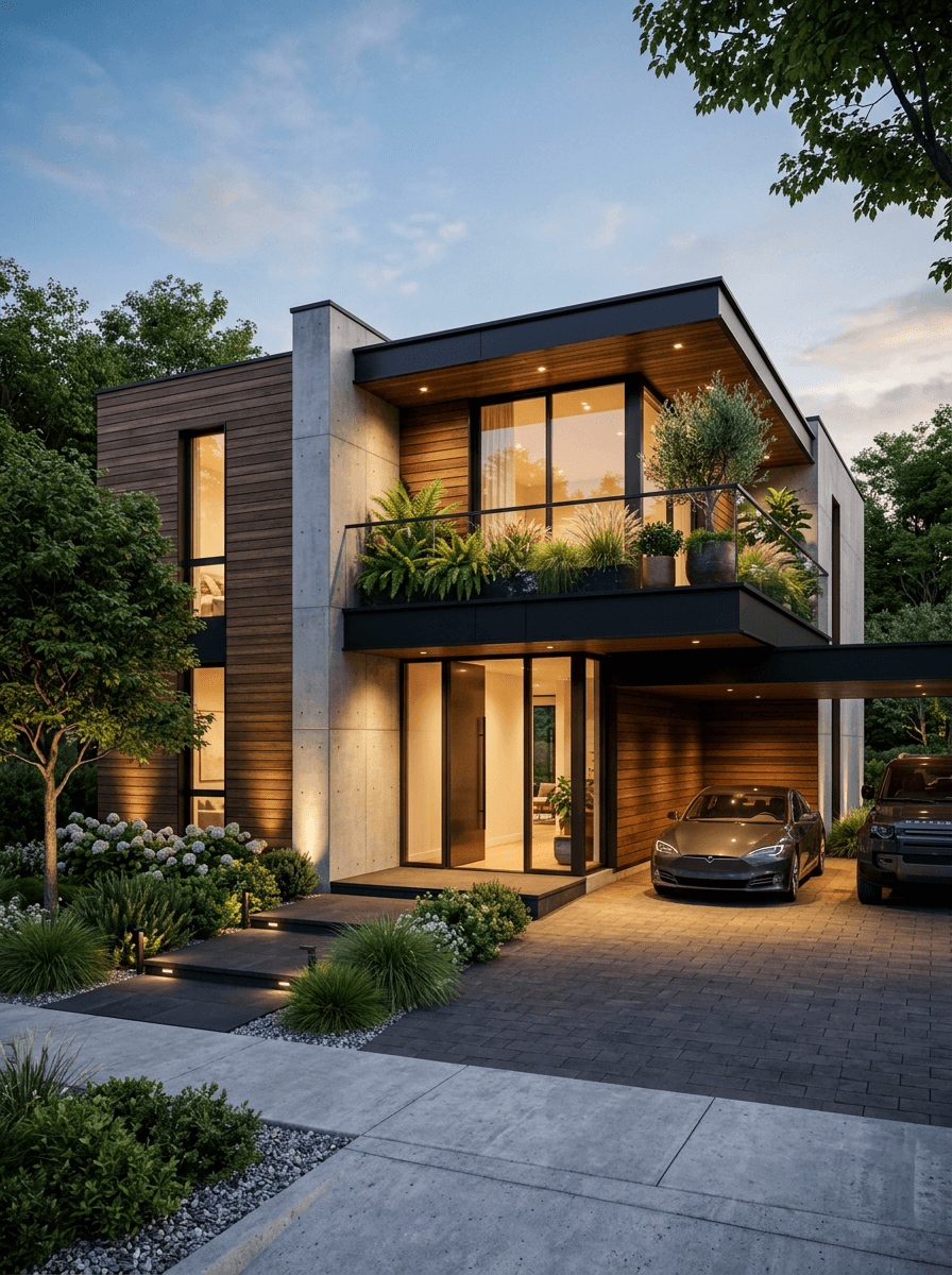 Modern two-story house with large windows and lush greenery.