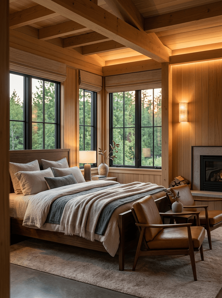 Cozy bedroom with warm lighting, large windows, a plush bed, and wooden accents, creating a serene atmosphere.