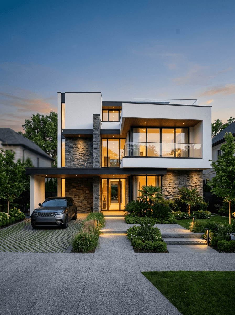 Modern two-story house with large windows and a car in the driveway.