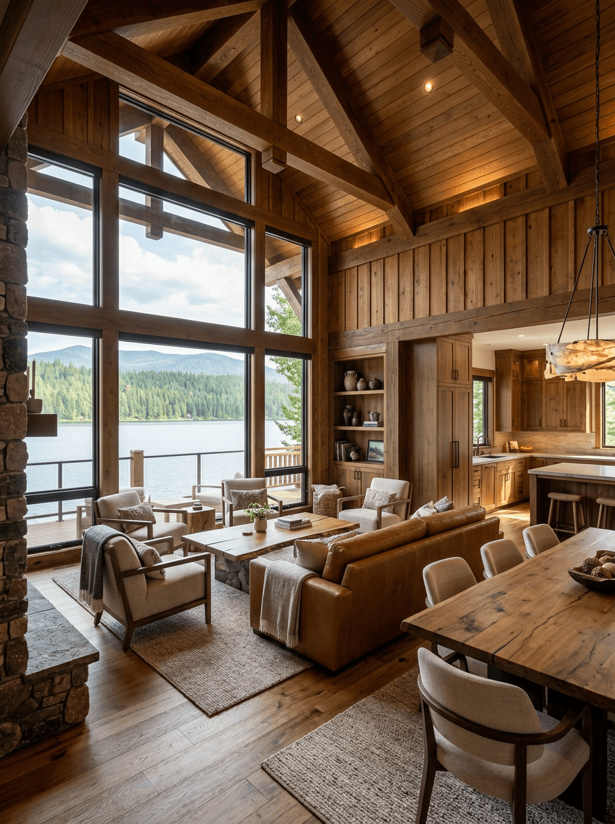 A cozy wooden interior featuring large windows, comfortable seating, and a dining area with warm lighting.