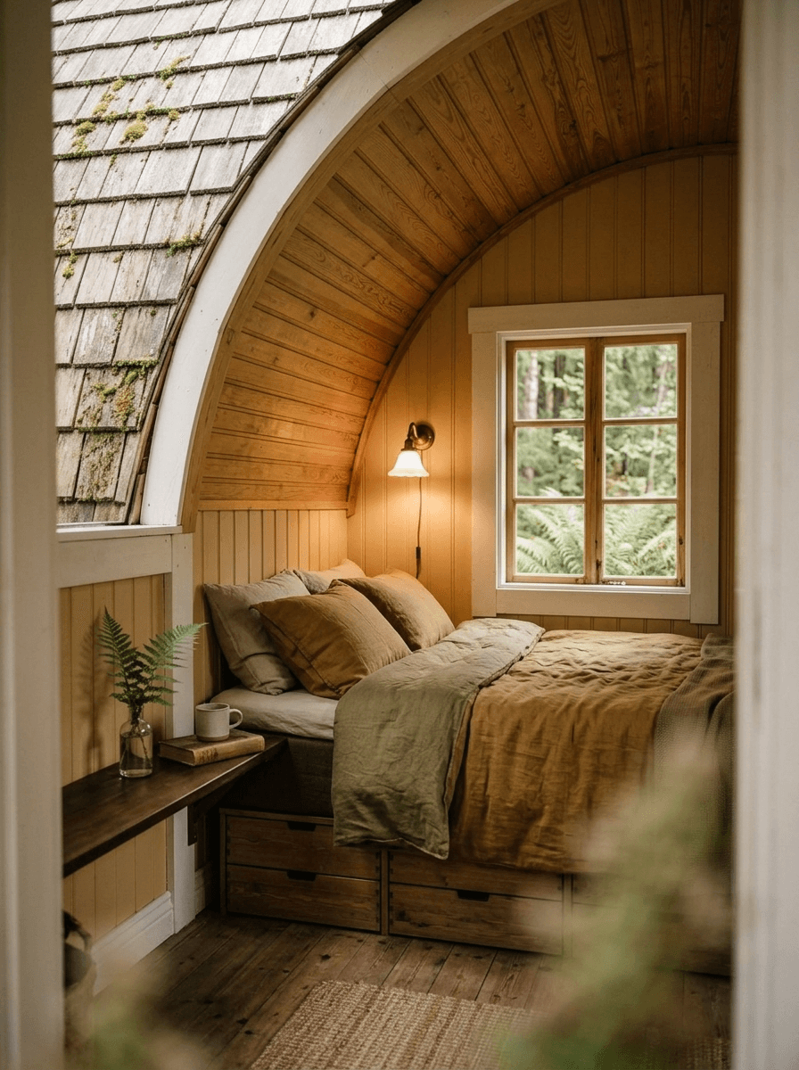 Cozy bed under arched ceiling with forested view.