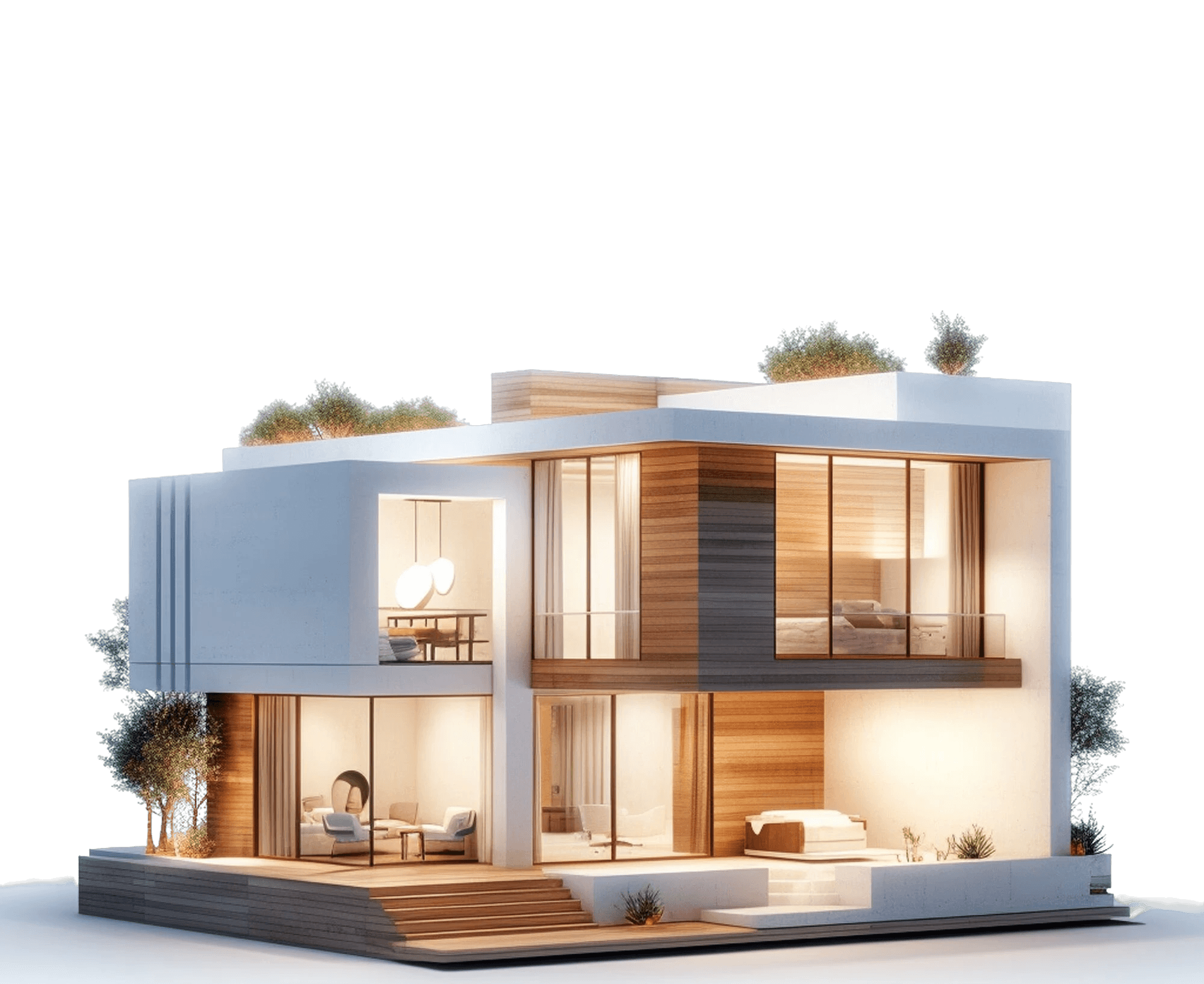 Architectural rendering of a contemporary dark house with terraces.