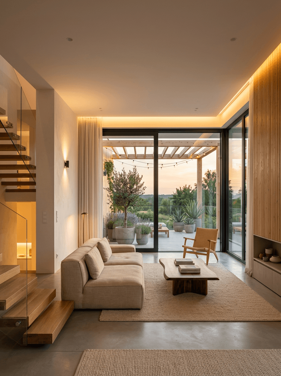 Living room with sofa, coffee table, and patio view