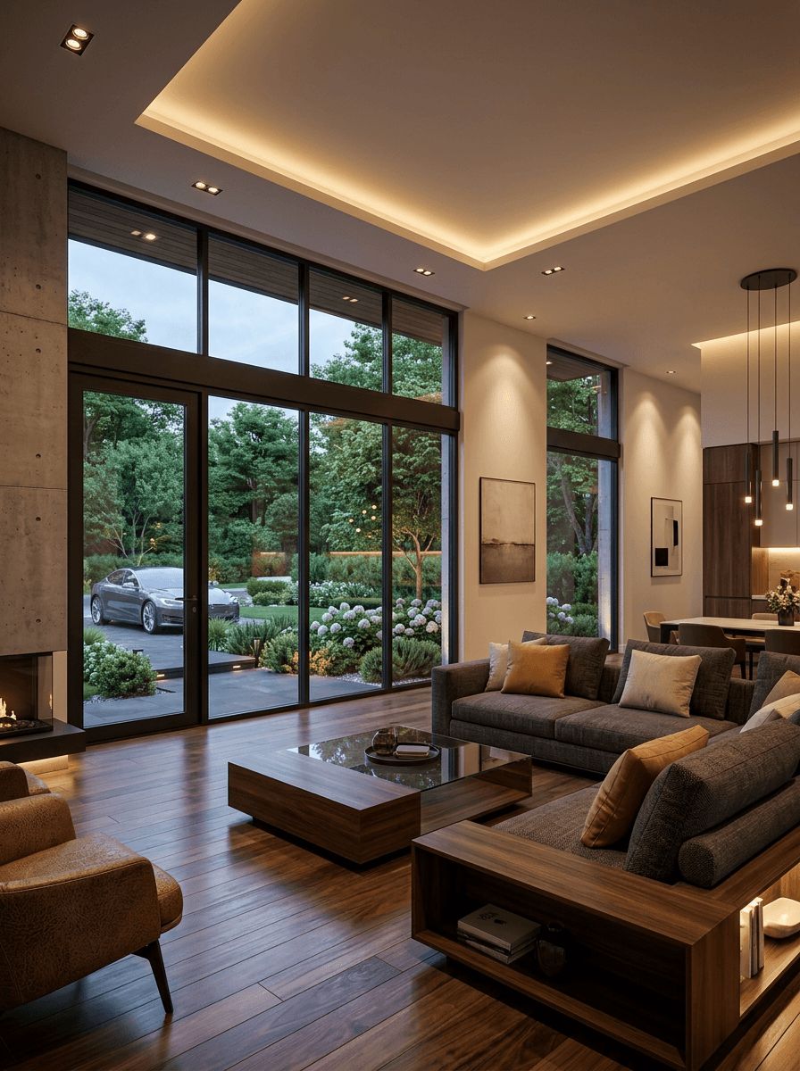 Modern living room with large windows overlooking a garden, featuring a fireplace and sectional sofa.