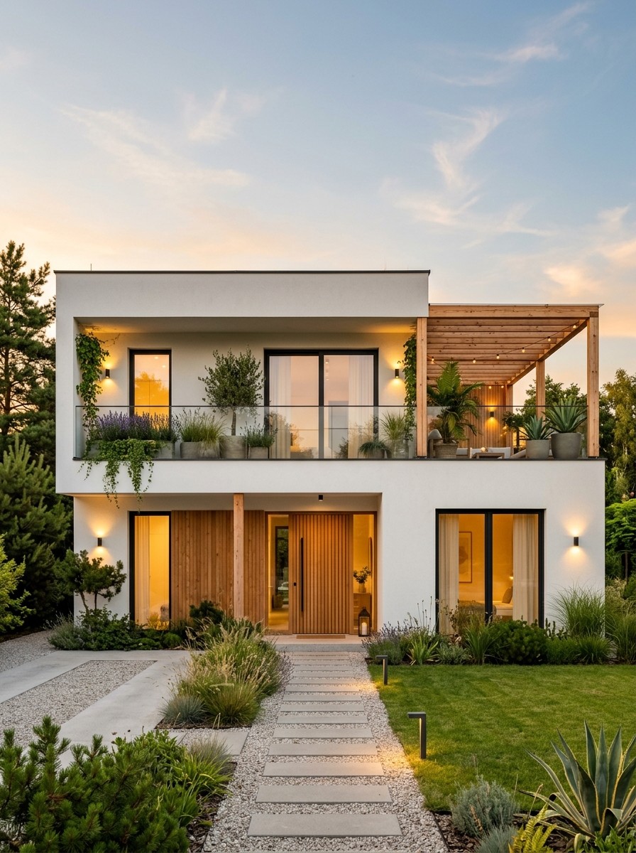 Modern two-story house with garden and wooden pergola at sunset.